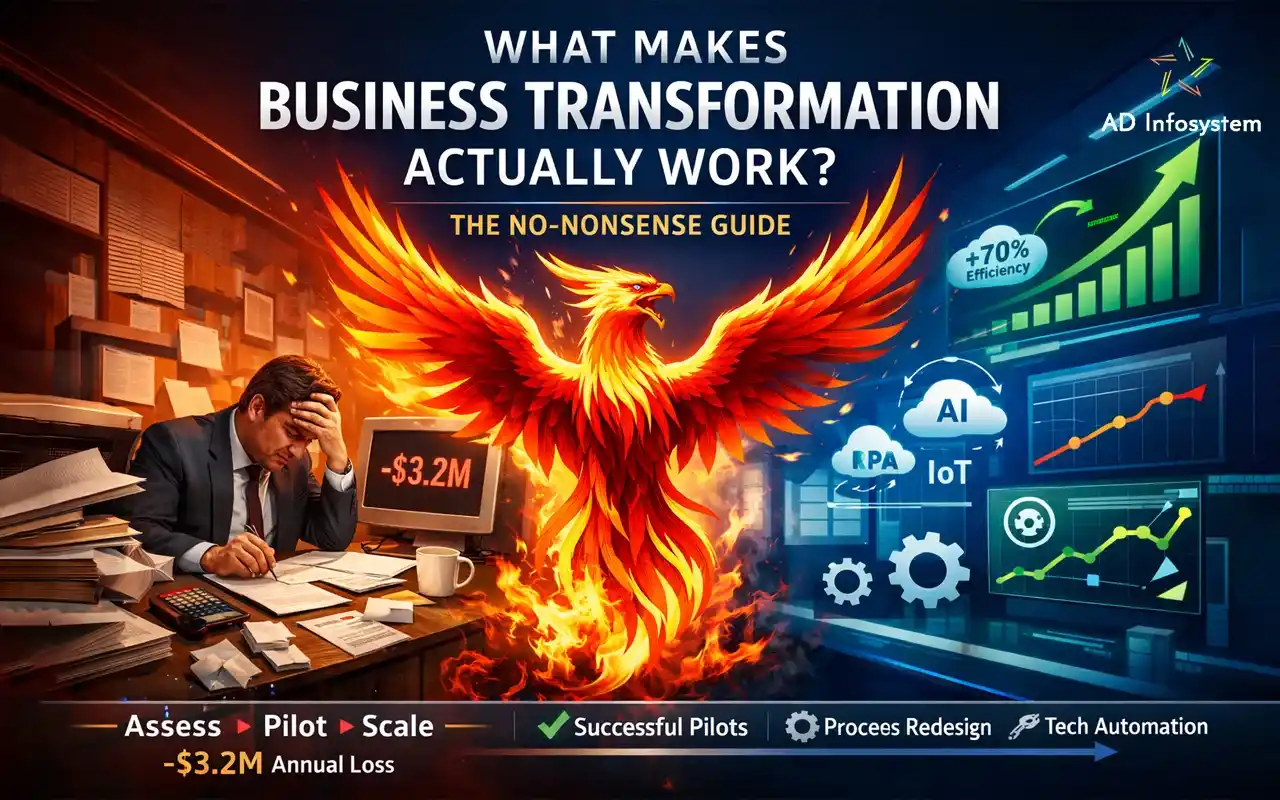 Stressed manager and losses vs rising phoenix and dashboards, showing business transformation success.
