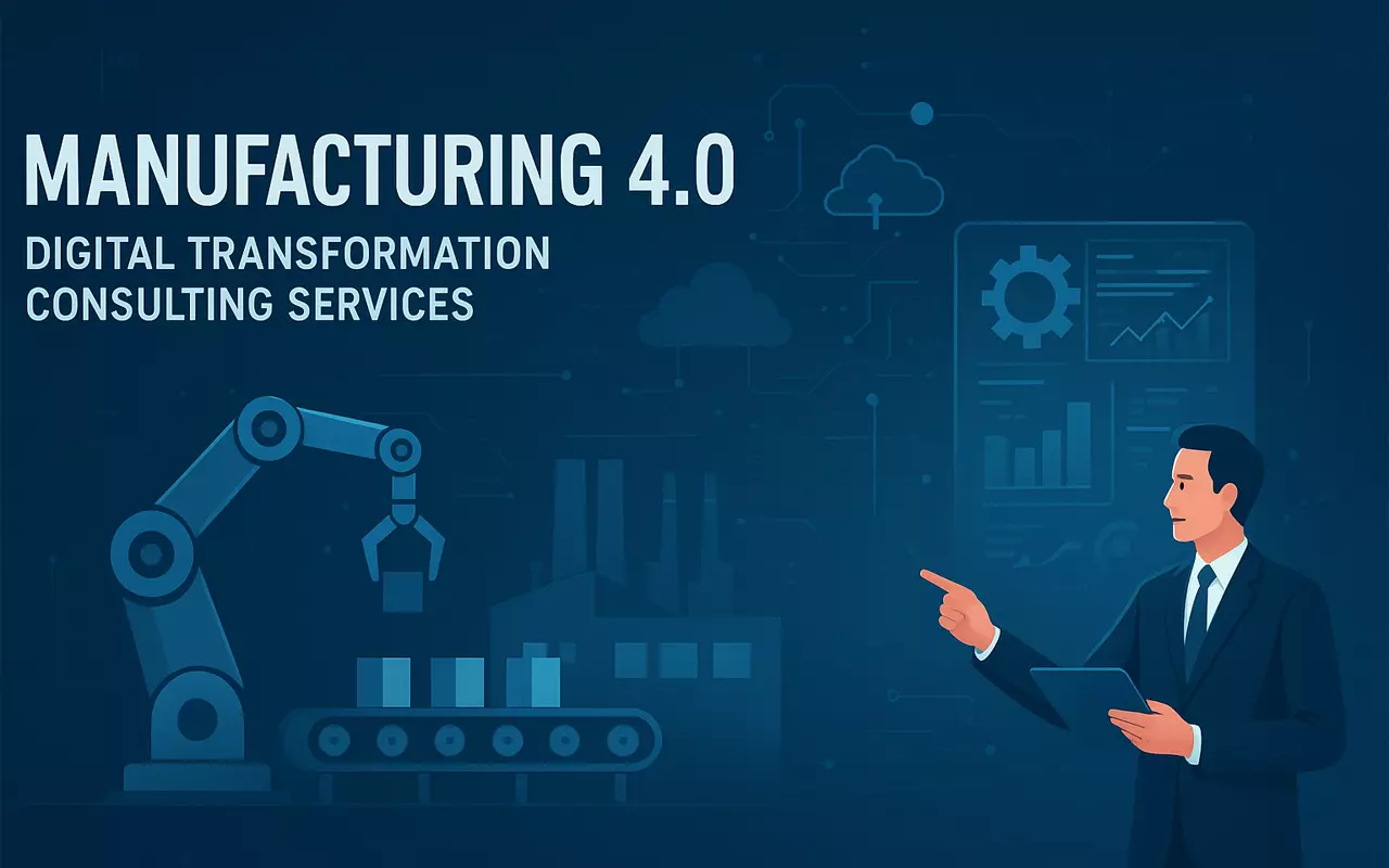 Digital illustration of a consultant guiding smart factory automation under Manufacturing 4.0 transformation.