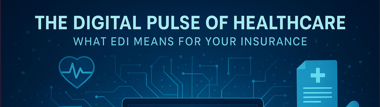Laptop with ECG line and healthcare icons on a digital tech background