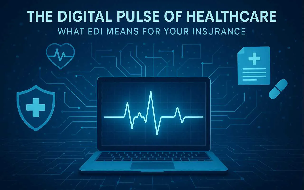 Laptop with EDI document and healthcare icons on a tech background