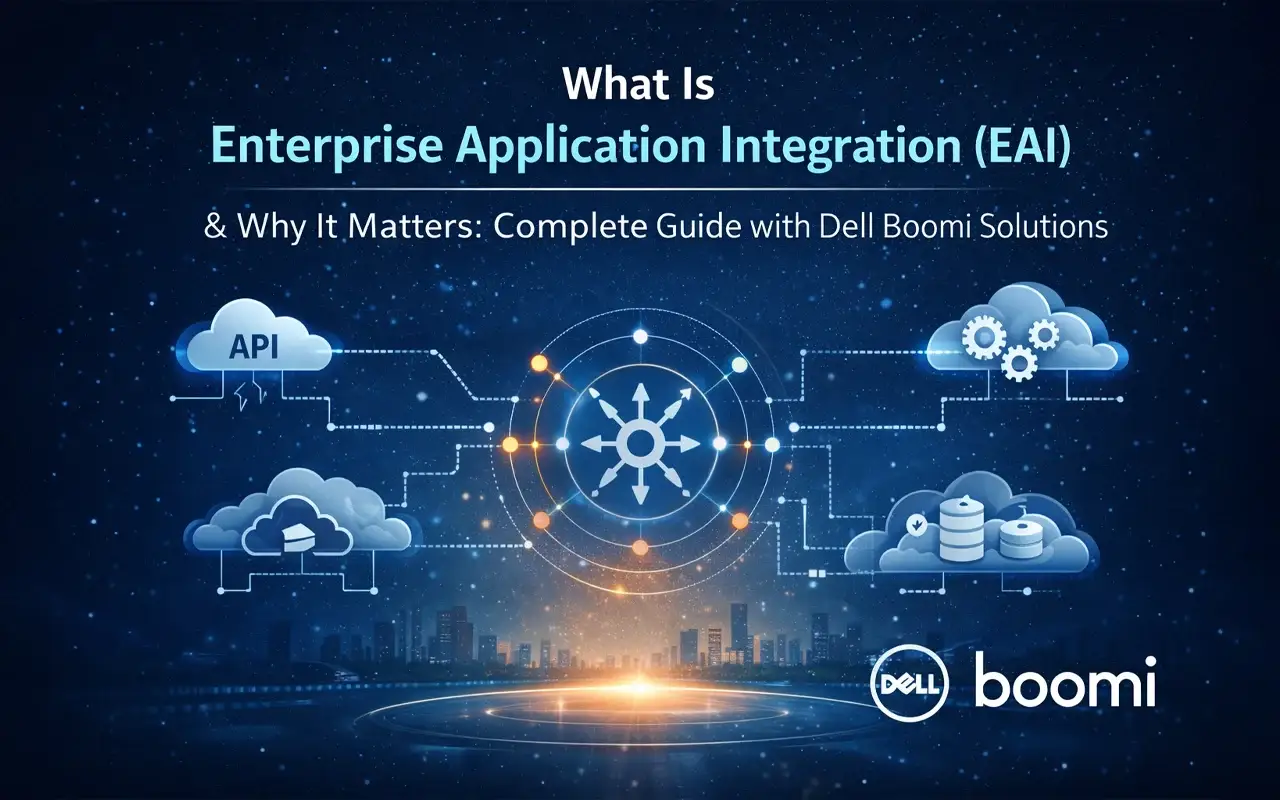 Enterprise Application Integration overview showing APIs, cloud systems, and Dell Boomi integration platform.