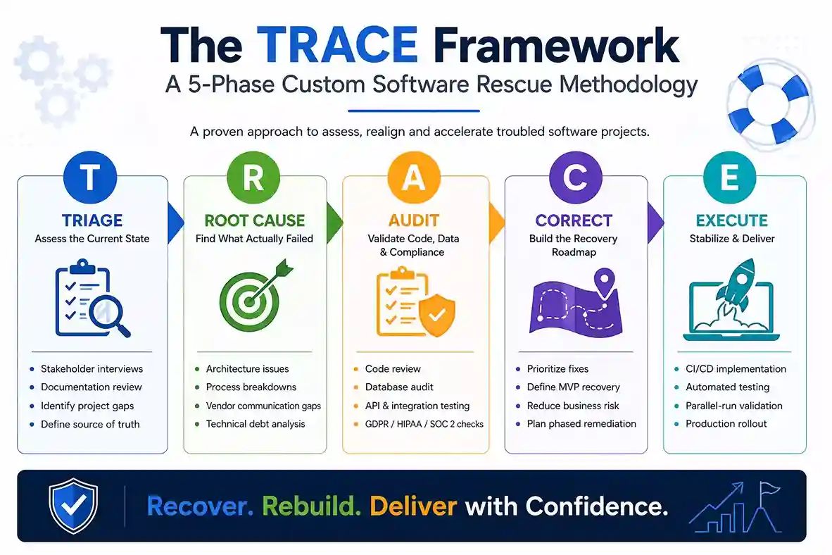 TRACE Framework infographic showing five phases of custom software project rescue methodology.