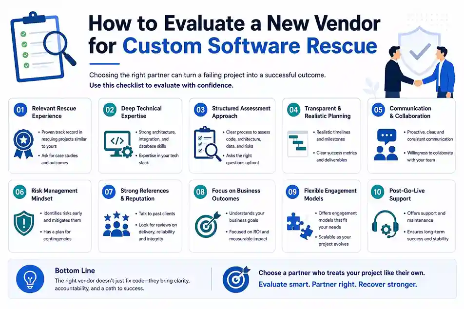 Infographic showing how to evaluate a vendor for custom software project rescue services