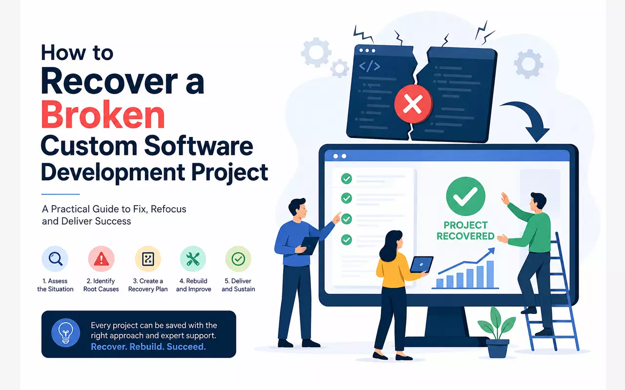 Infographic about recovering a broken custom software development project with rescue steps.