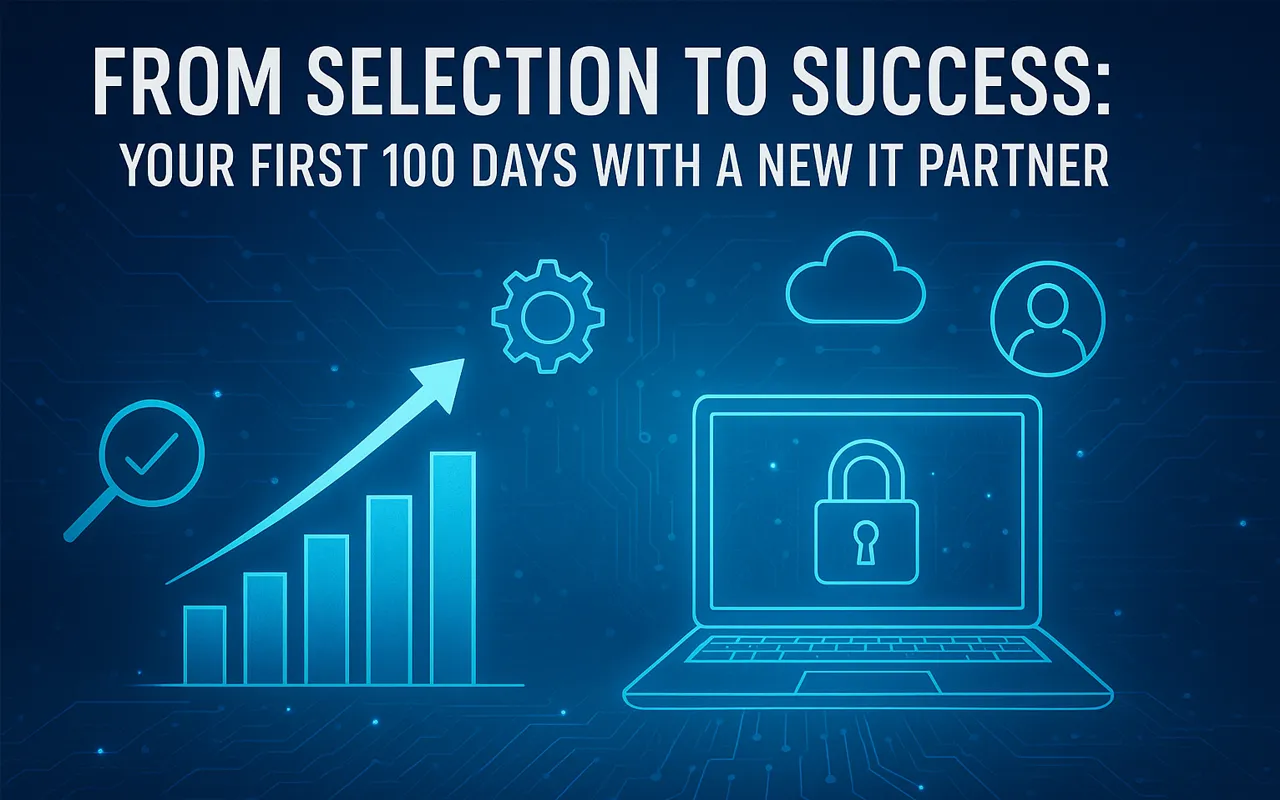 Tech graphic showing IT partnership success with charts, laptop security icon, and digital elements.