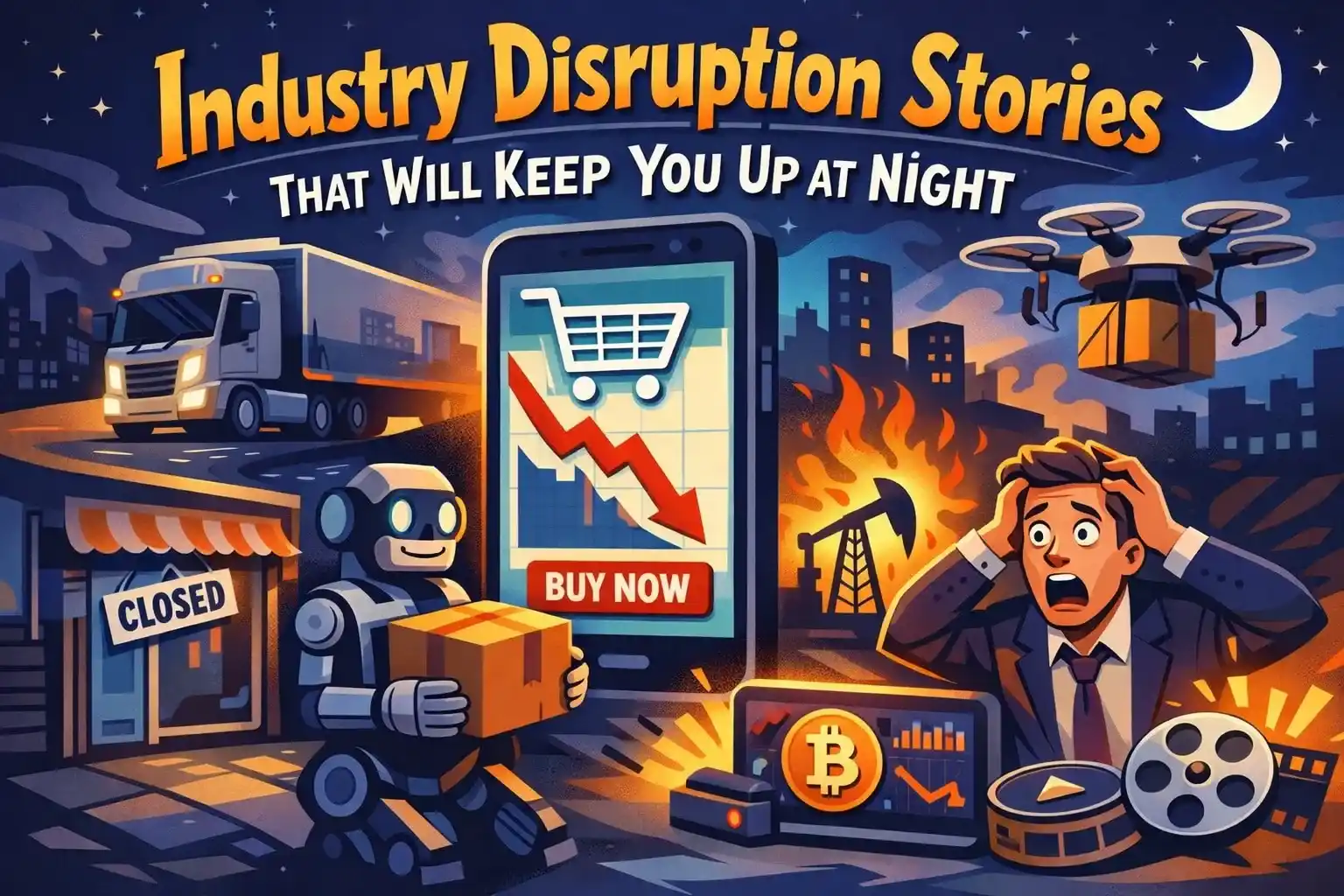 Illustration of tech disrupting industries: robot delivery, e-commerce crash, crypto drop, worried businessman