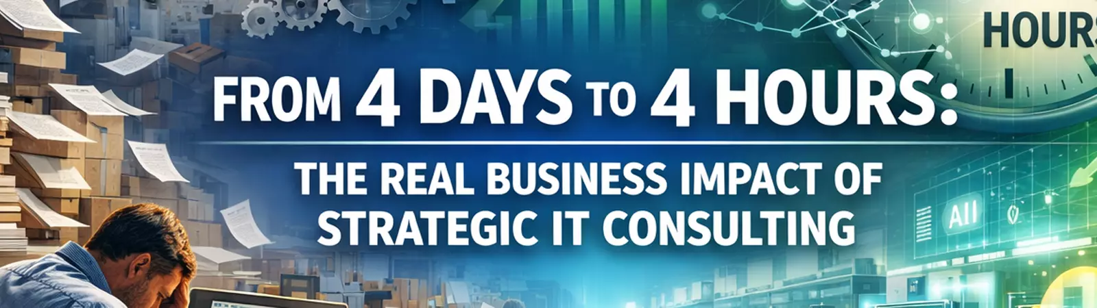 Visual showing shift from 4 days to 4 hours with improved workflow and strategic IT consulting impact
