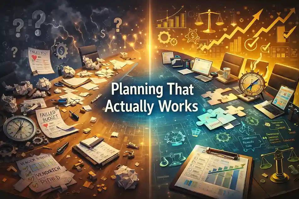 Split office scene showing failed budget chaos vs organized growth planning with charts and strategy tools