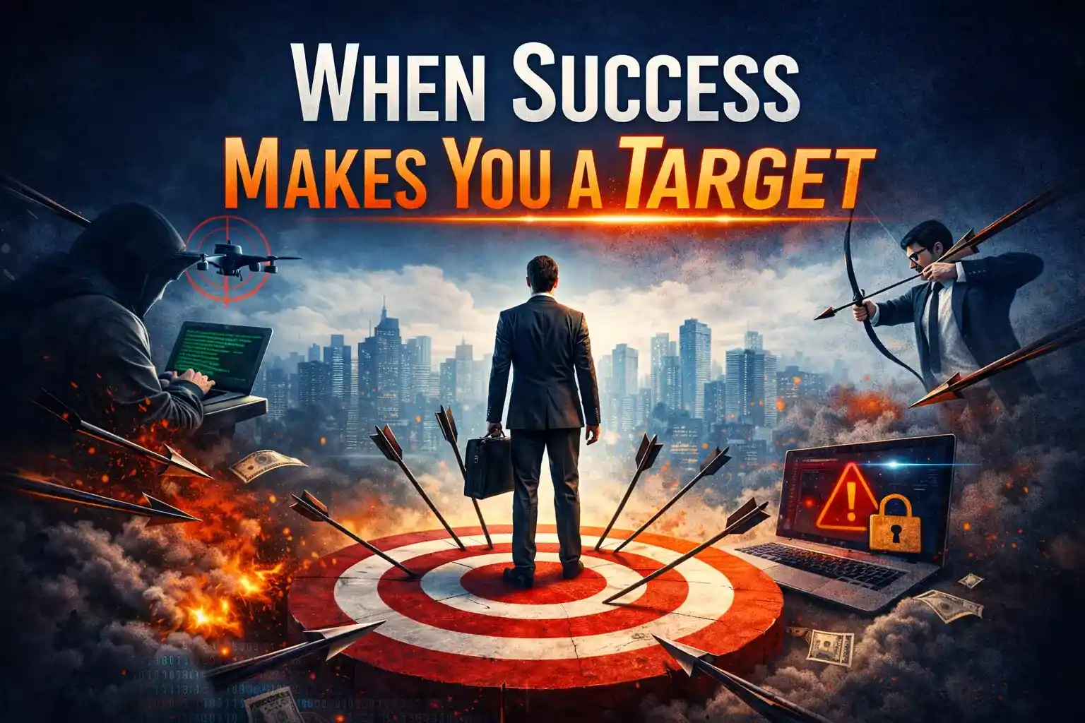 Businessman on target in city, surrounded by arrows, hacker, drone and cyber threats