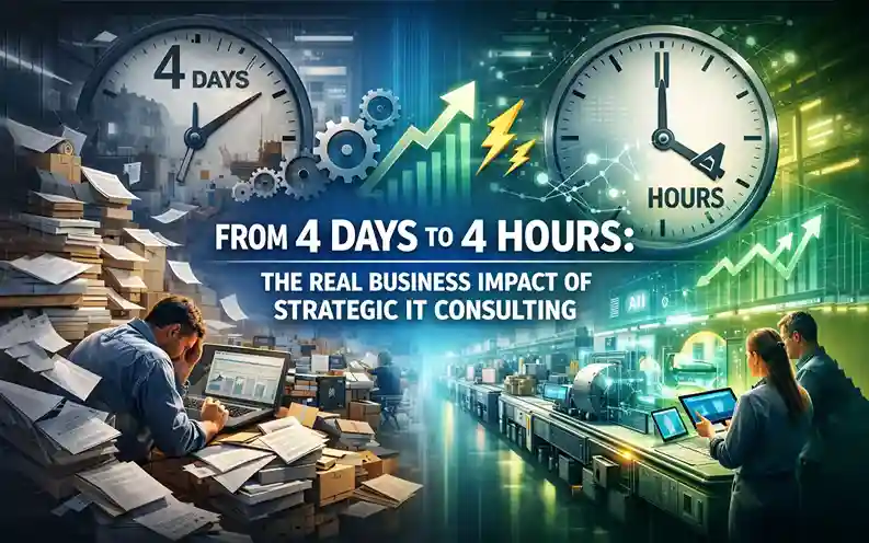 Visual showing shift from 4 days to 4 hours with improved workflow and strategic IT consulting impact