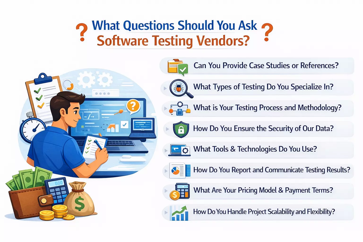 Illustration showing key questions to ask software testing vendors, including process, tools, security, and pricing.