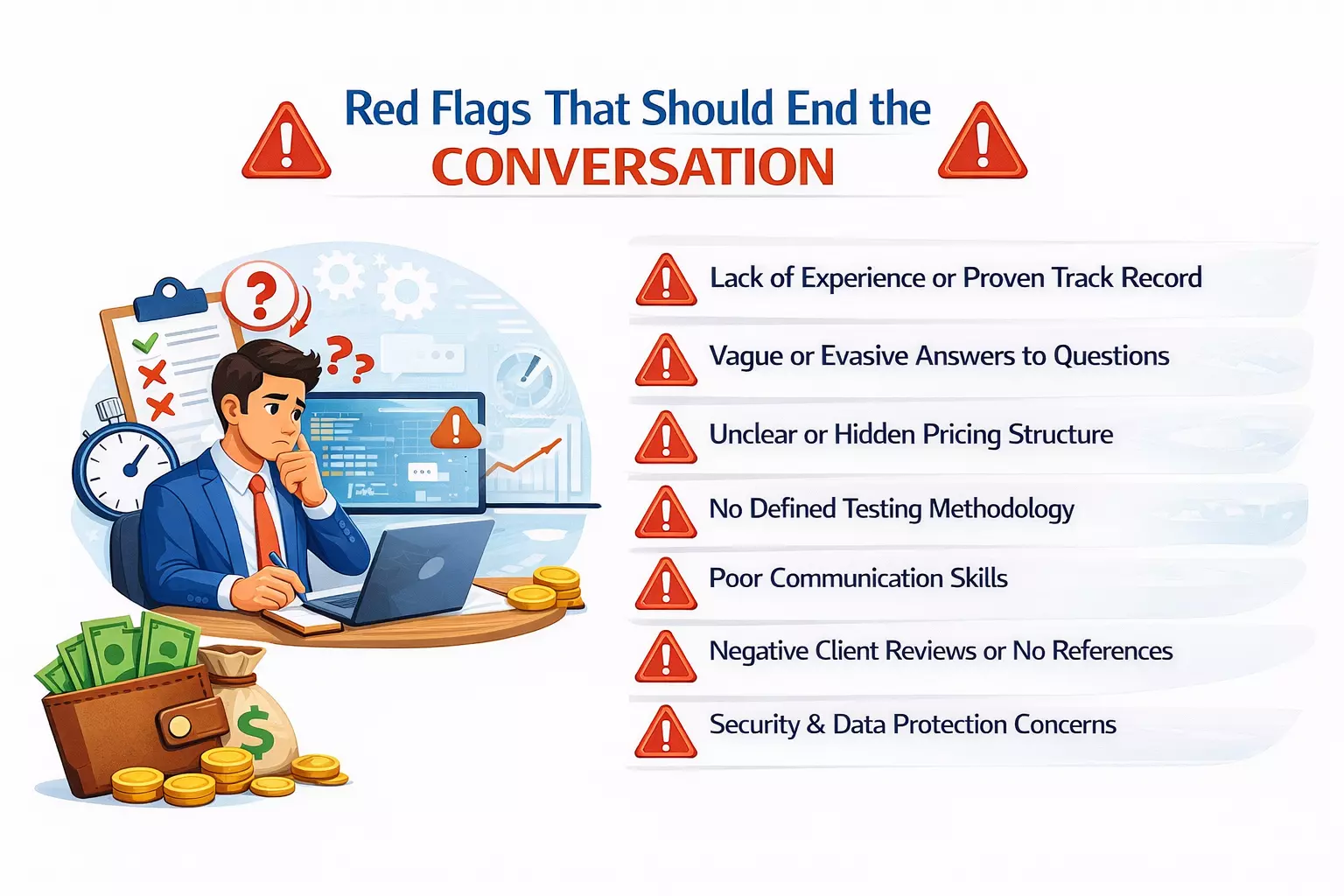 Illustration of red flags when evaluating software testing vendors, including lack of experience, unclear pricing, poor communication, and security