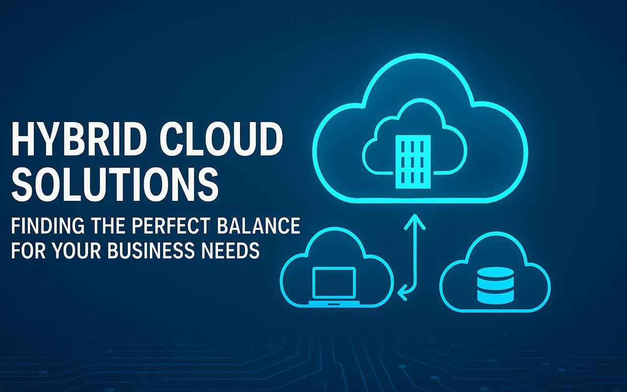 Hybrid Cloud Solutions with blue design and cloud-tech illustrations. 