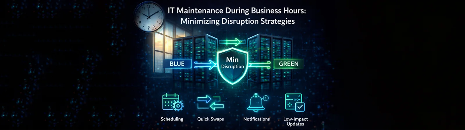 IT maintenance during business hours graphic showing Blue-Green deployment to minimize disruption with scheduling, quick swaps, notifications, and low-impact updates icons.