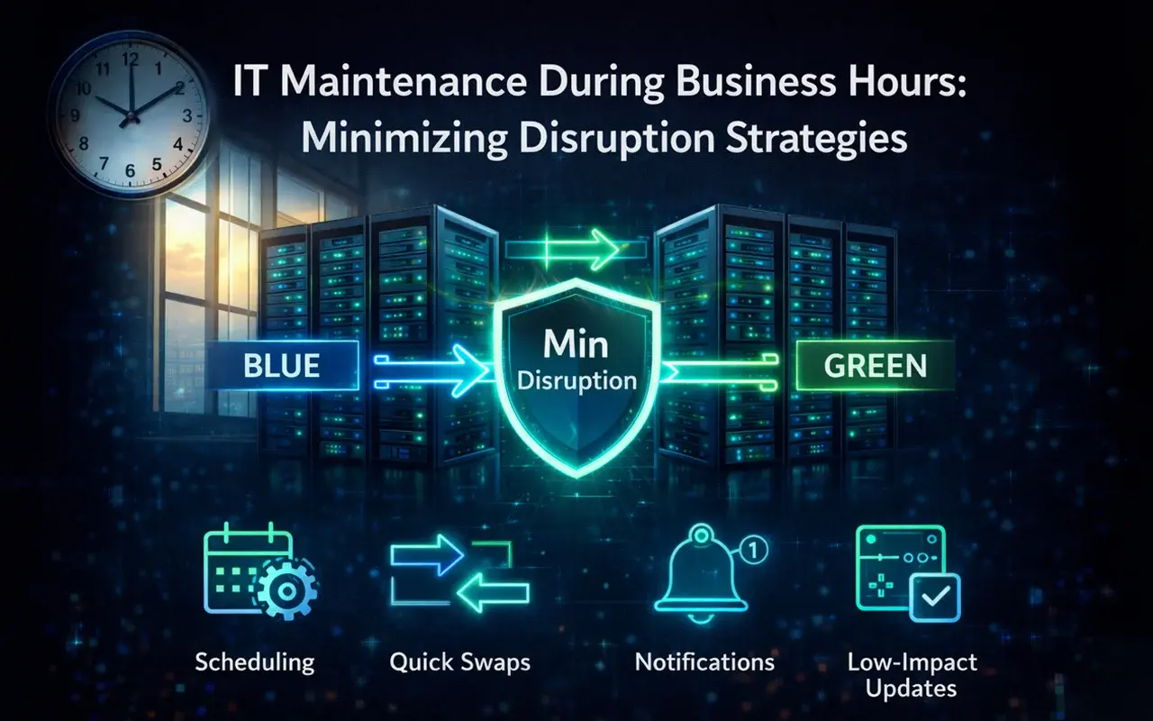 IT maintenance during business hours graphic showing Blue-Green deployment to minimize disruption with scheduling, quick swaps, notifications, and low-impact updates icons.
