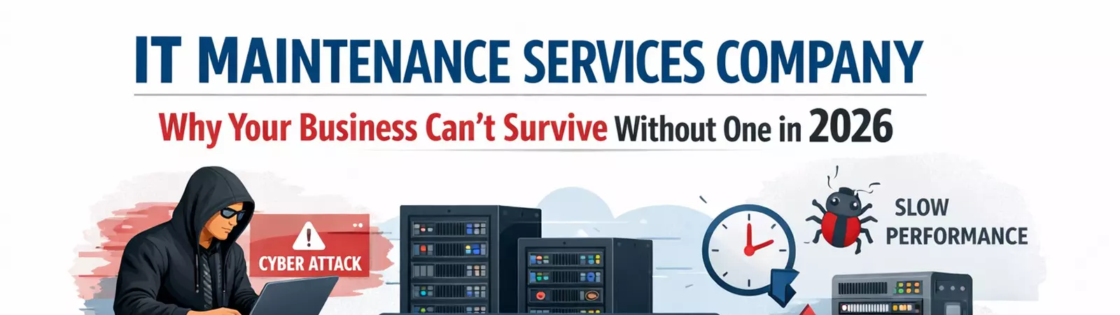 IT maintenance company showing cyber attack, downtime, security, backup, and system support