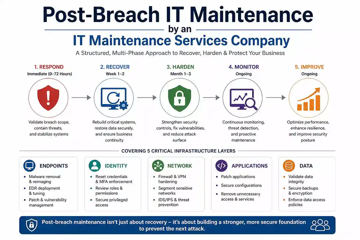 Post-breach IT maintenance phases respond, recover, harden, monitor, and improve systems