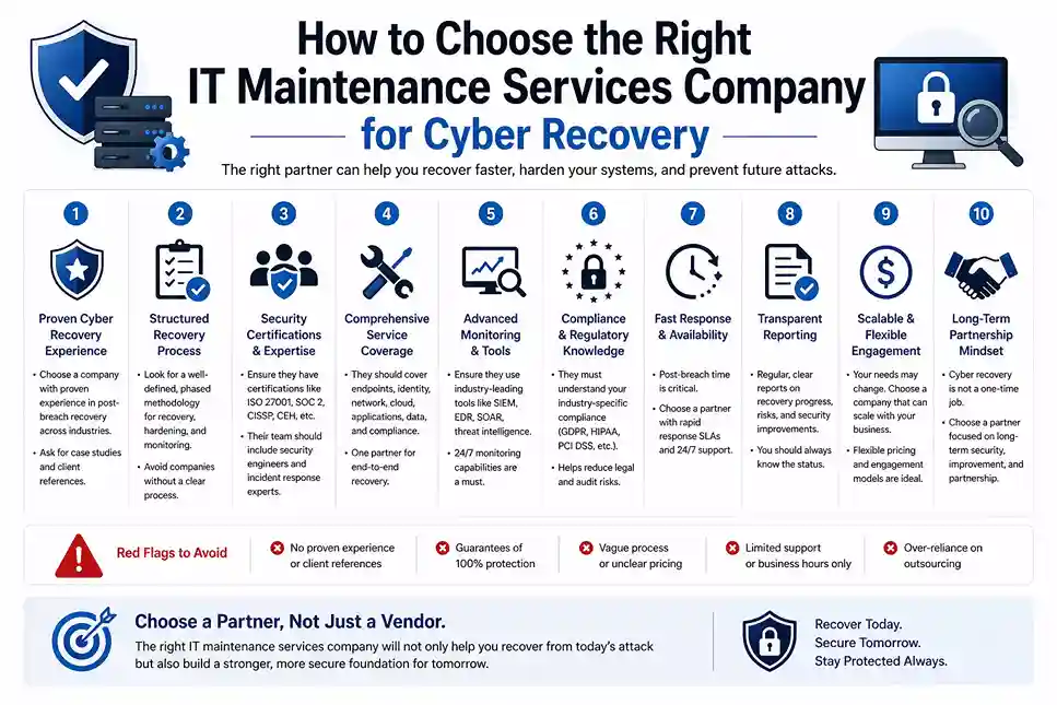 How to choose IT maintenance company for cyber recovery with key factors and red flags infographic