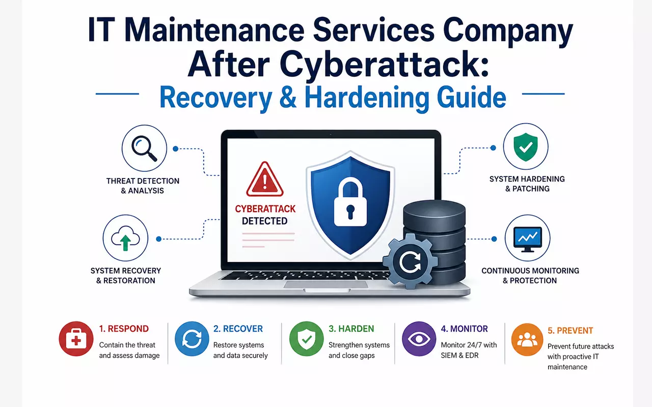 IT maintenance company cyberattack recovery guide with threat detection, recovery, and system hardening steps
