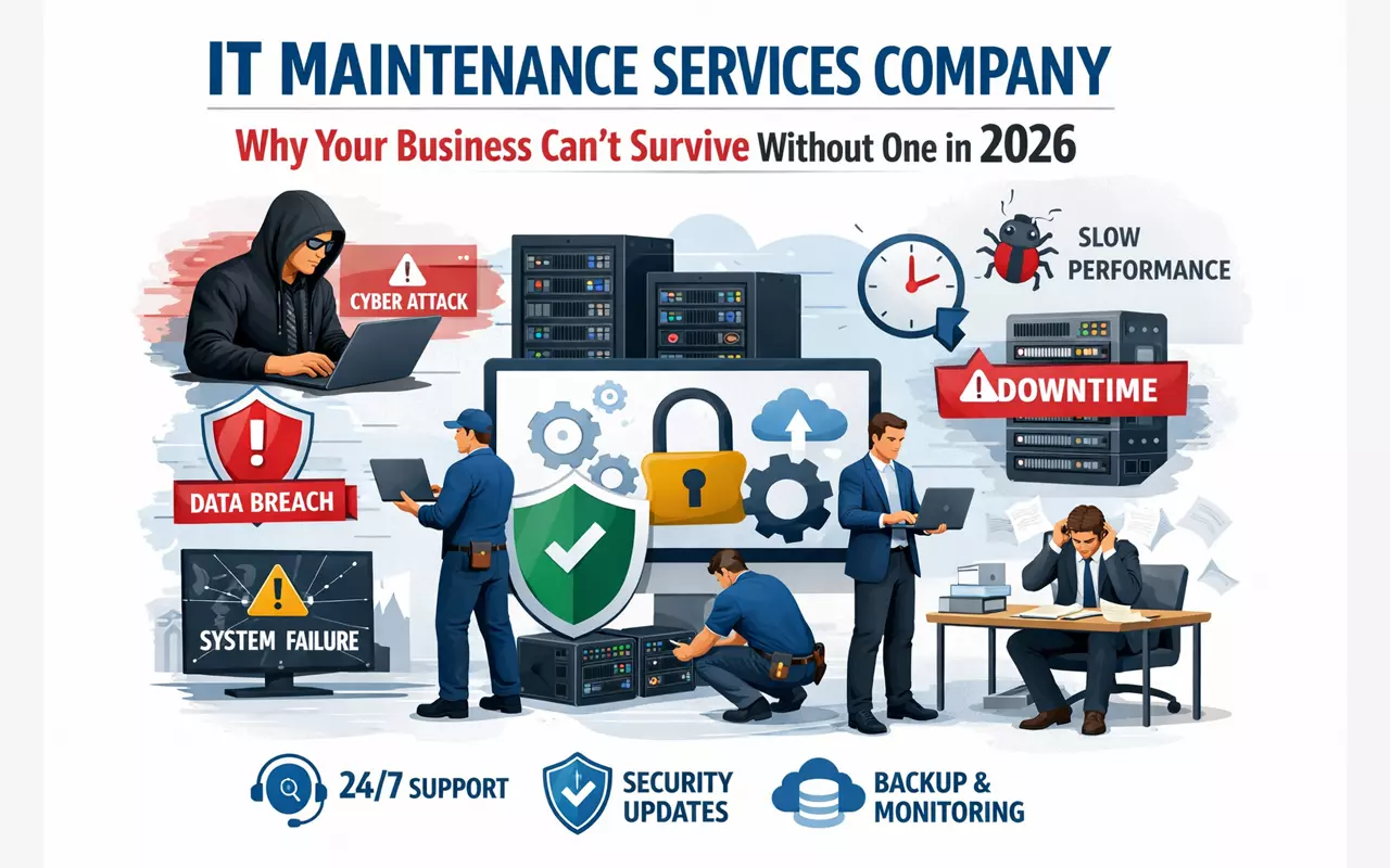 IT maintenance company showing cyber attack, downtime, security, backup, and system support