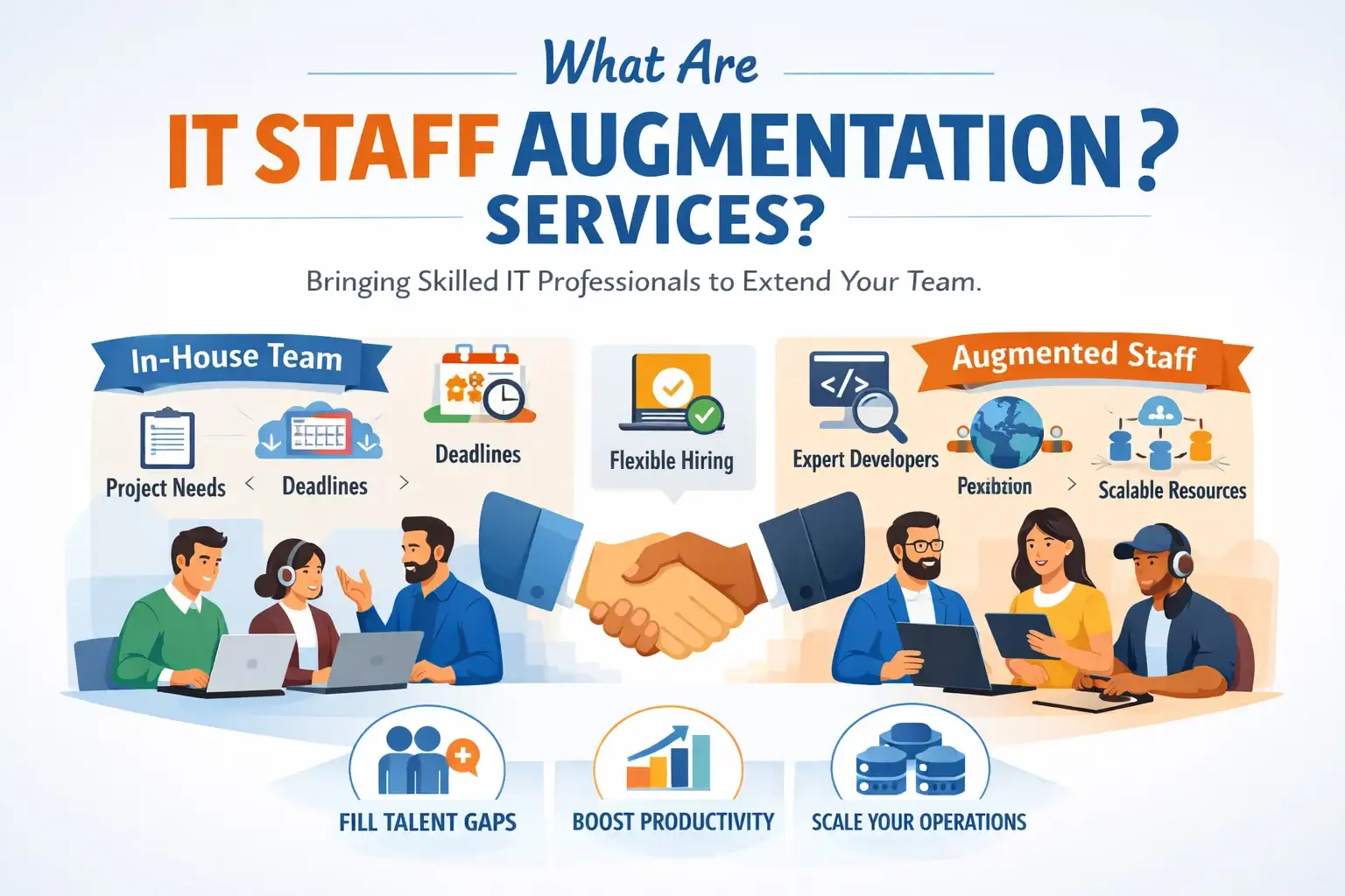 IT staff augmentation infographic showing in-house vs augmented teams and scalability benefits
