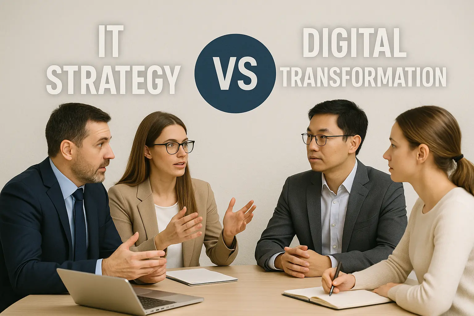 IT strategy vs digital transformation comparison showing key differences, goals, and business impact
