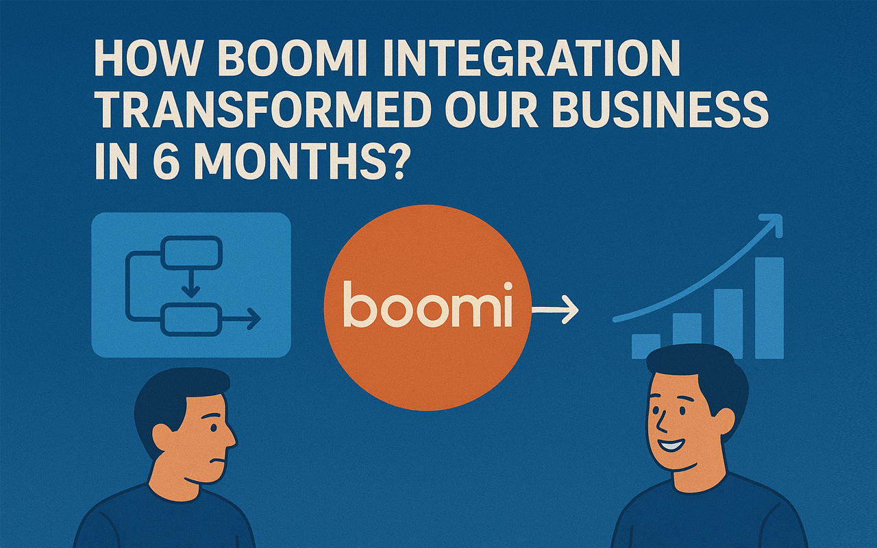 Dark blue background, text HOW BOOMI INTEGRATION TRANSFORMED OUR BUSINESS IN 6 MONTHS, with workflow icon, boomi logo, and growth chart, featuring two cartoon figures