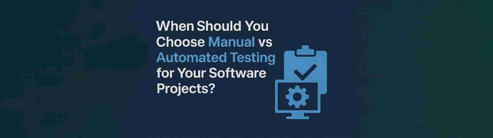 Dark blue image, title on testing choices, clipboard, computer with gear.