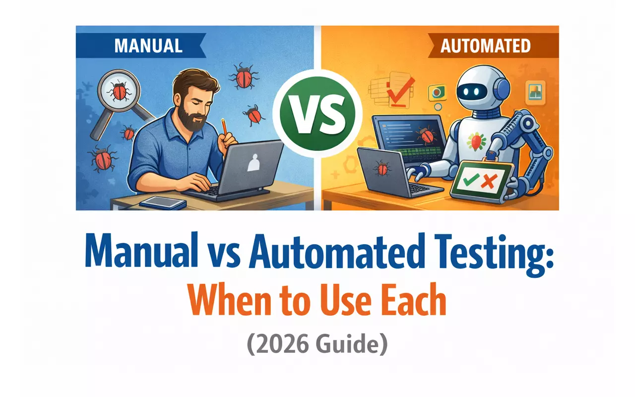 Illustration comparing manual vs automated testing, showing human tester and robot with guide on when to use each
