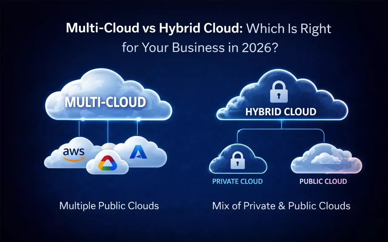 Clean tech infographic comparing multi-cloud and hybrid cloud architectures to help businesses choose the right cloud strategy for 2026.