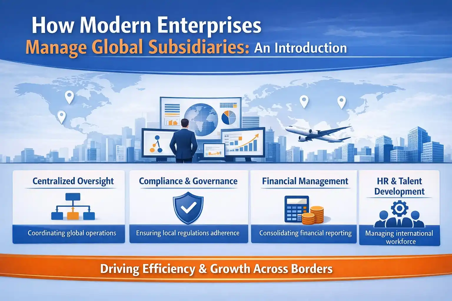 Modern enterprises managing global subsidiaries with centralized financial and compliance systems.