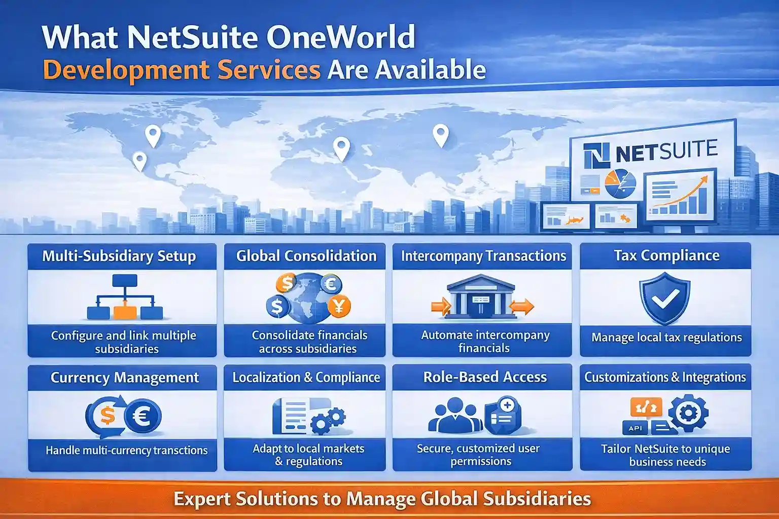 NetSuite OneWorld development services for multi-subsidiary management and global financial consolidation.
