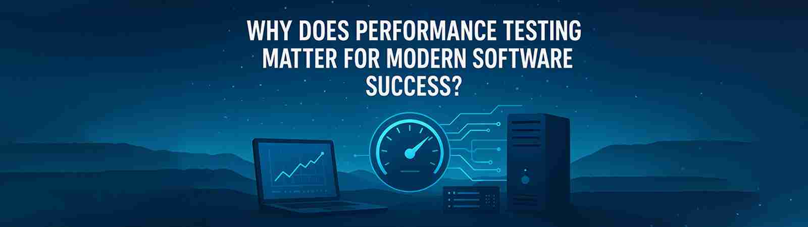 Dark blue image, title on testing services, laptop with bug and checkmark.