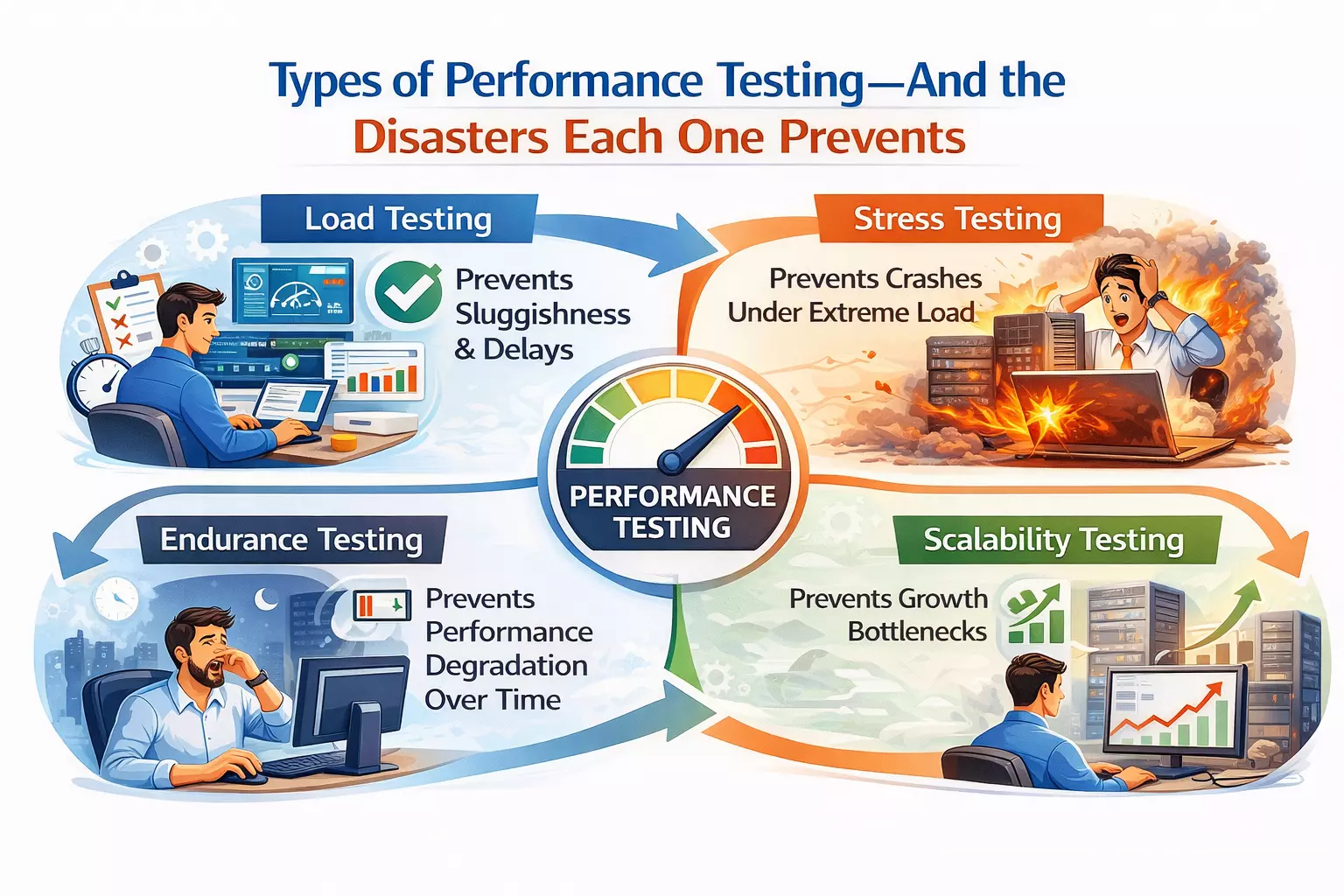 Infographic showing types of performance testing—load, stress, endurance, and scalability—and the issues they prevent