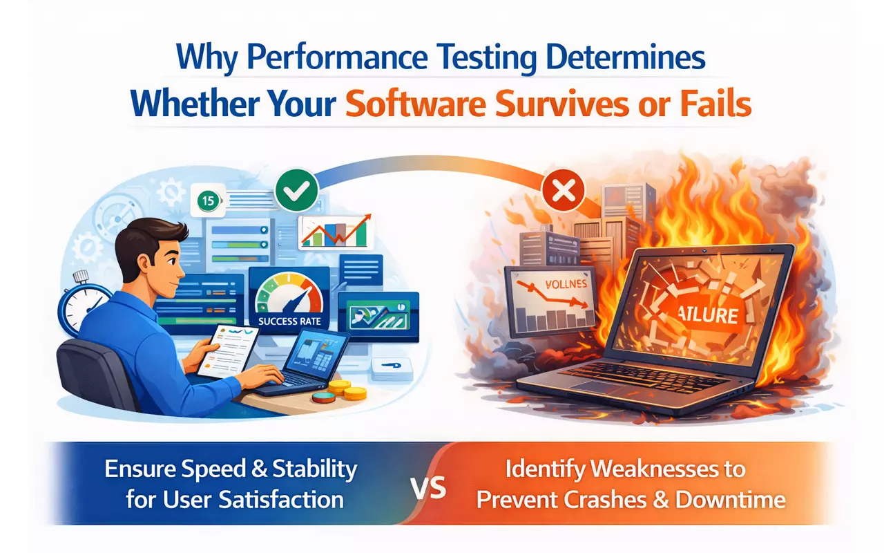 Performance testing ensures software speed, stability, and reliability, preventing failures and downtime