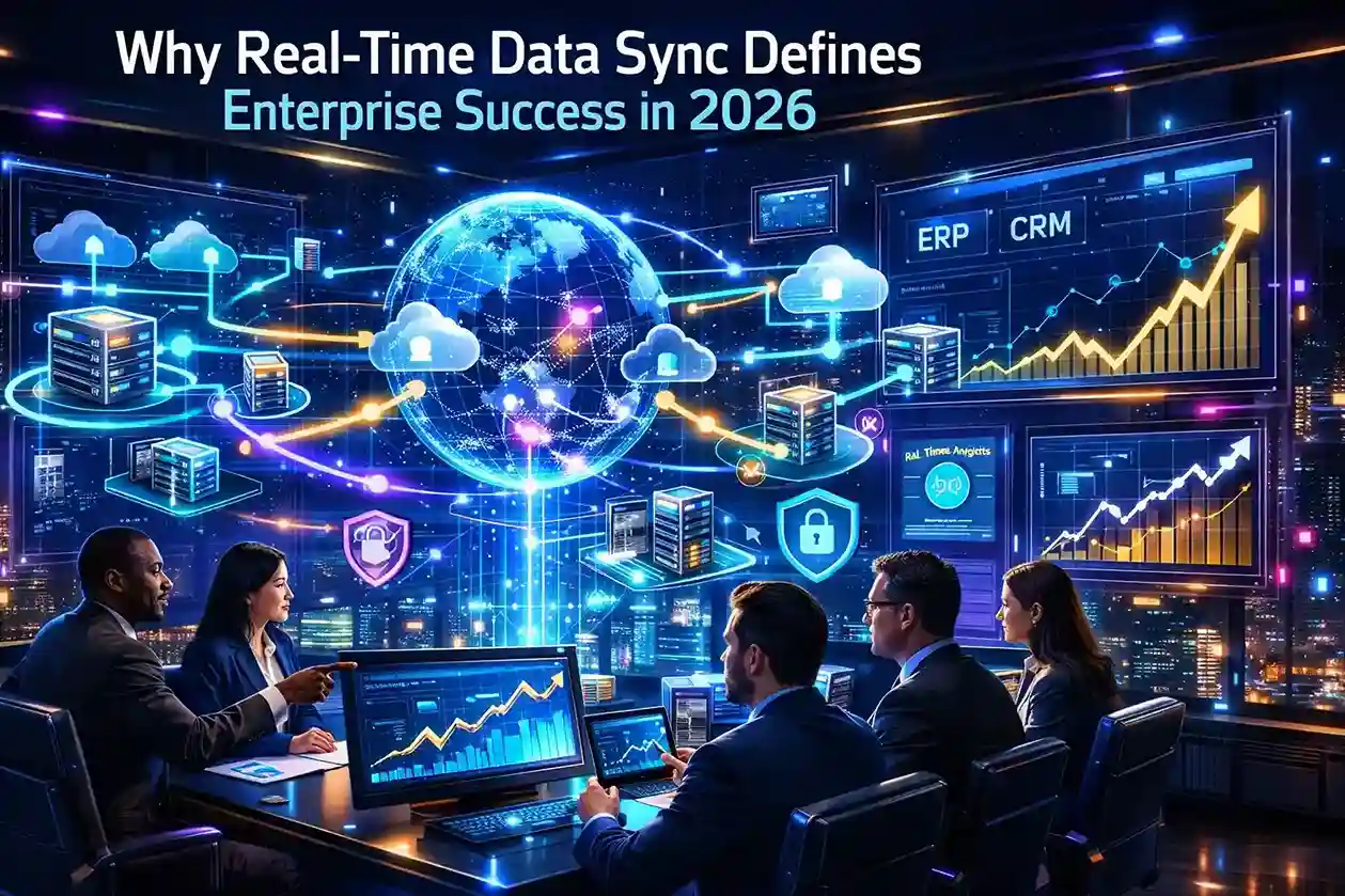 Real-time data sync dashboard connecting ERP and CRM systems globally in 2026