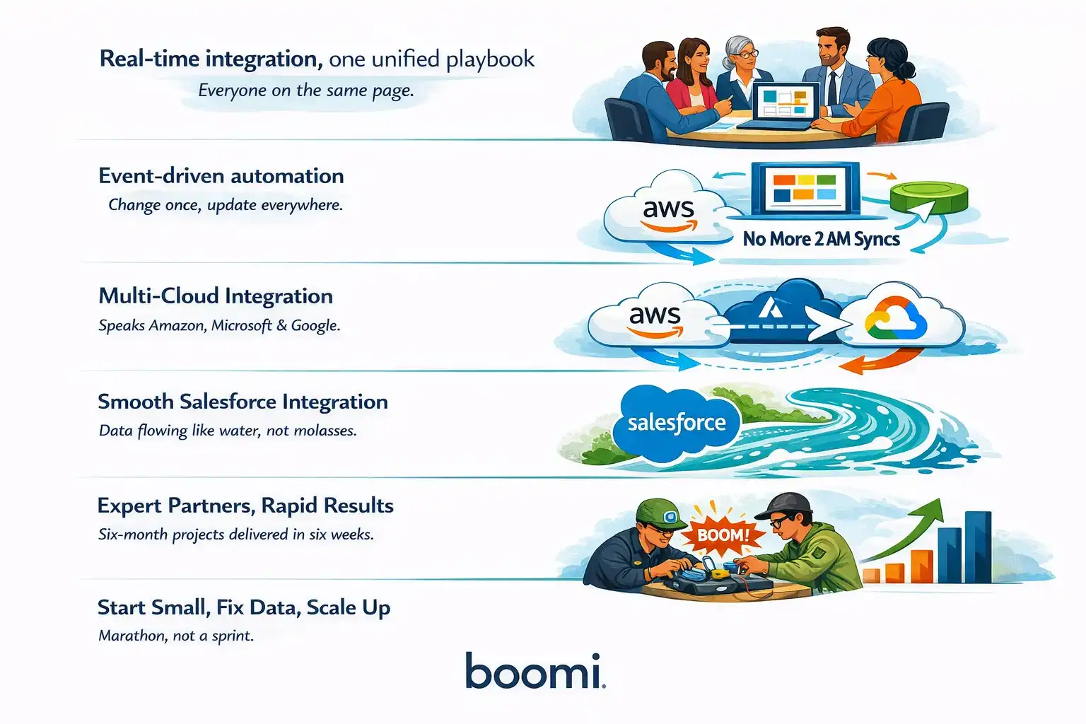 Infographic on real-time multi-cloud and Salesforce integration with Boomi benefits