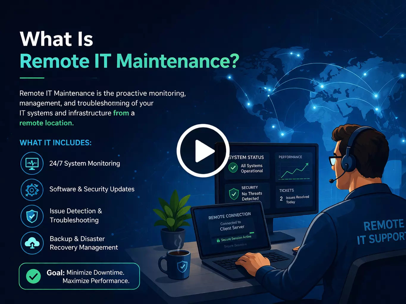 Remote IT maintenance concept showing monitoring, updates, troubleshooting, and support systems dashboard