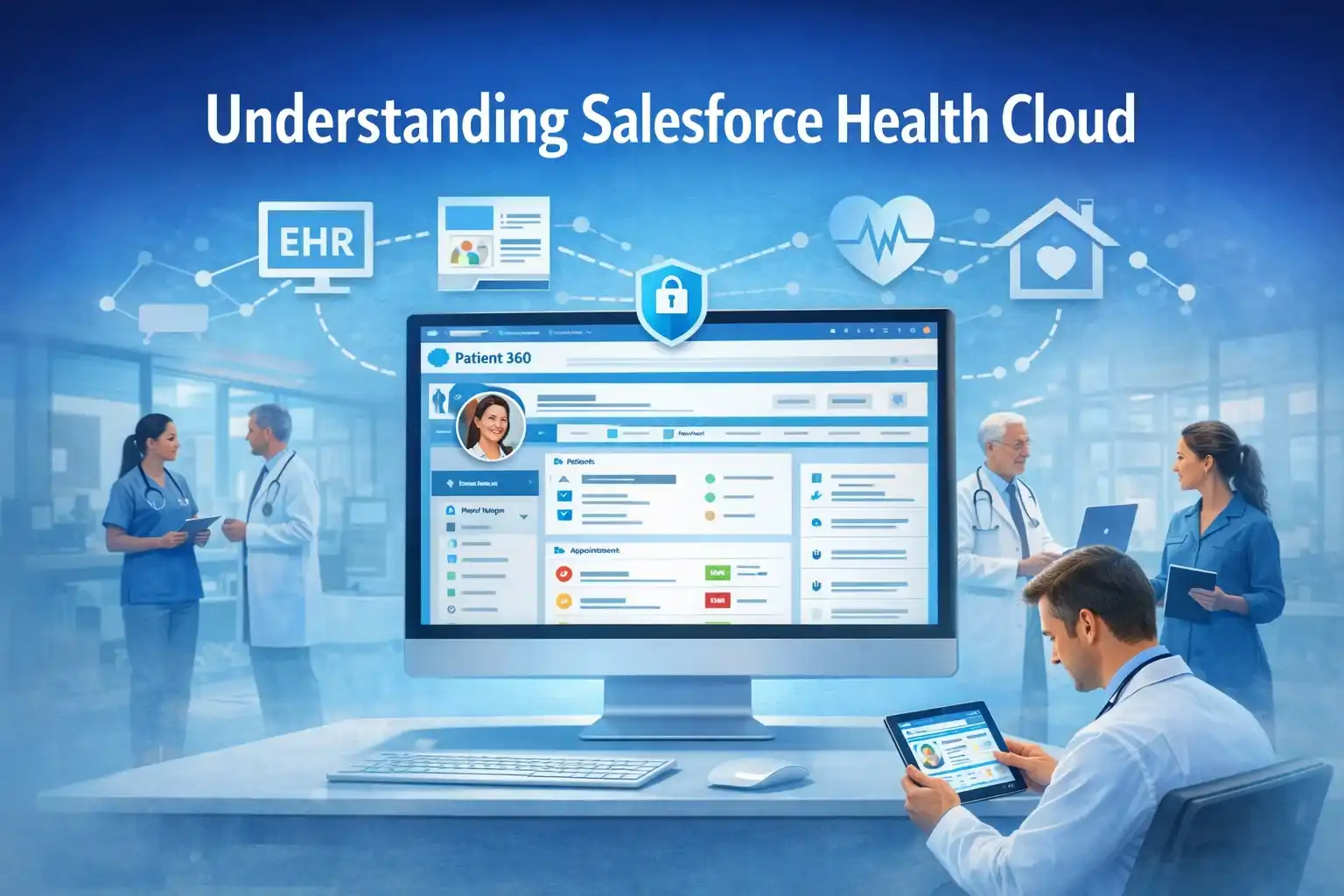 Salesforce Health Cloud dashboard showing Patient 360, EHR integration and healthcare team.