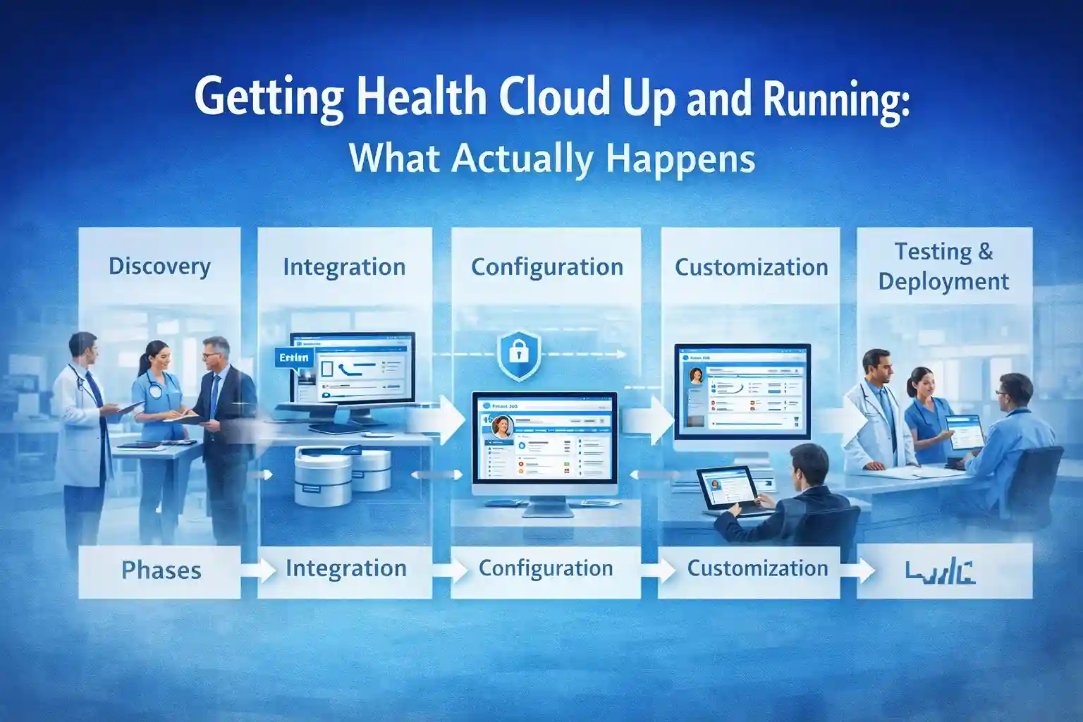 Salesforce Health Cloud implementation process showing discovery, integration, configuration, and deployment.
