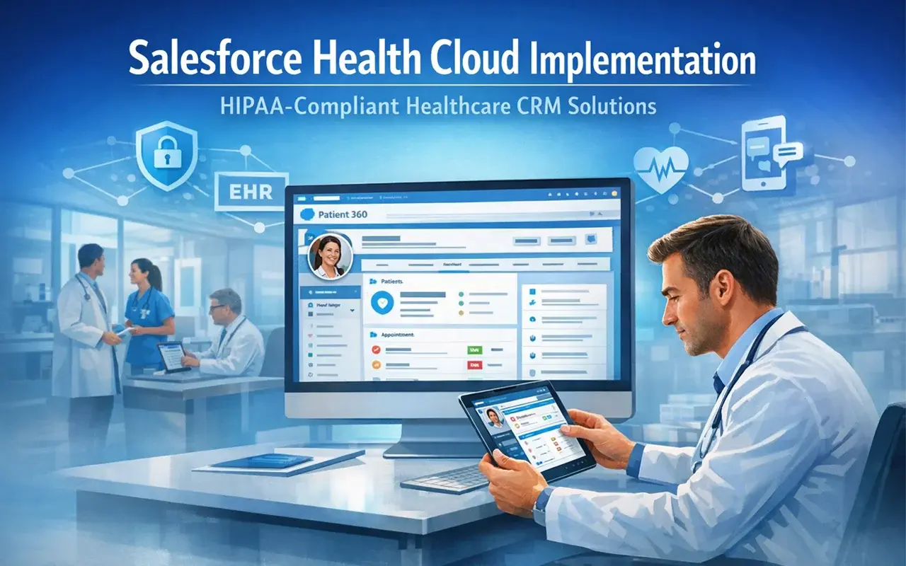 Salesforce Health Cloud implementation for HIPAA-compliant healthcare CRM solutions.
