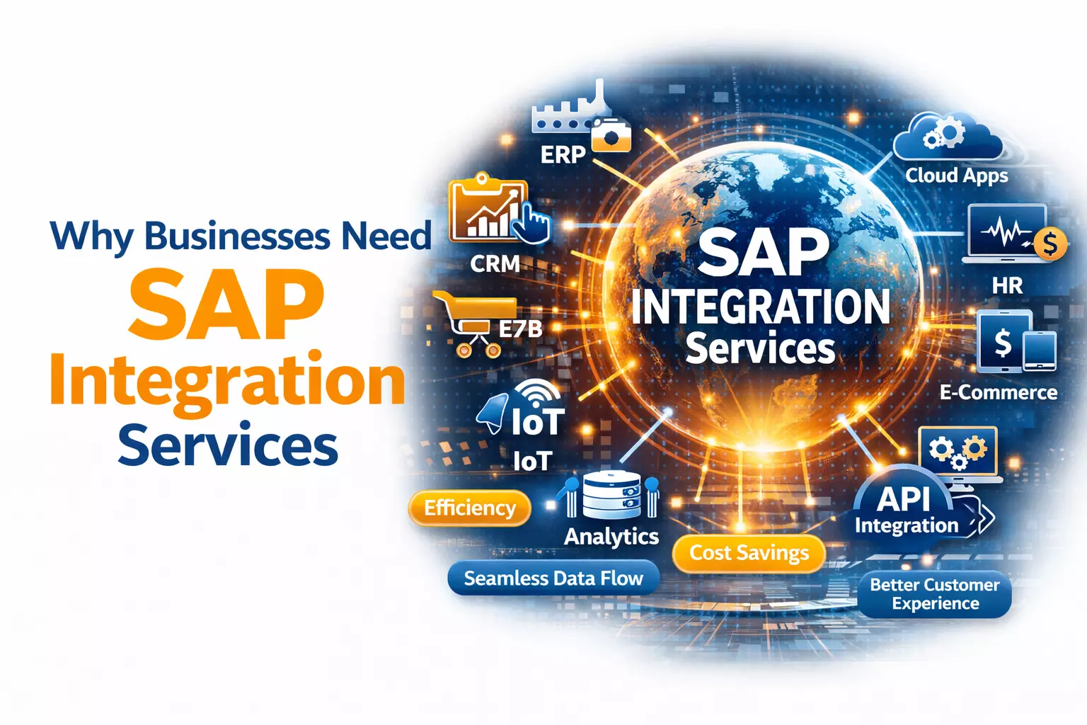 SAP integration services connecting ERP, CRM, cloud, and business systems infographic