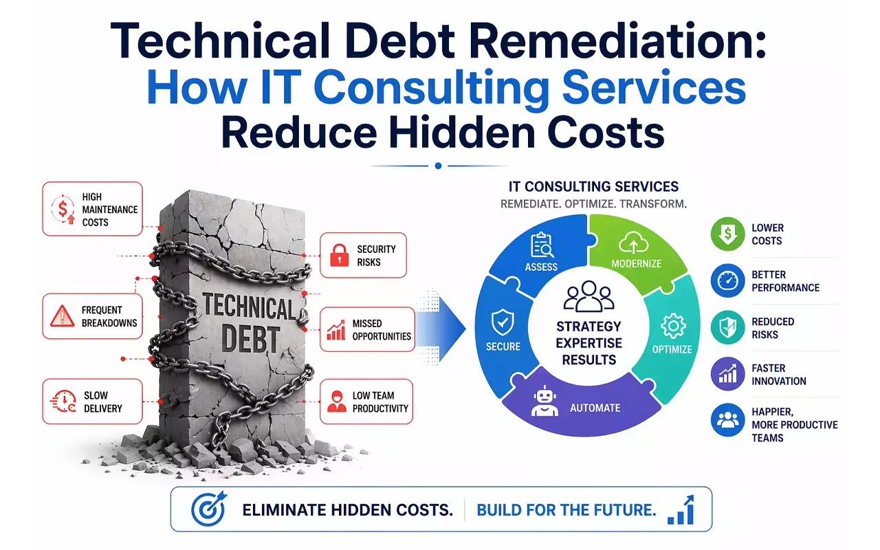 Technical debt remediation infographic showing IT consulting reducing hidden costs and risks