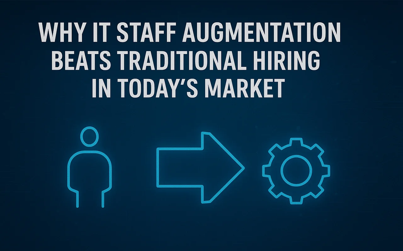 WHY IT STAFF AUGMENTATION BEATS TRADITIONAL HIRING IN TODAY'S MARKET with person → gear icon
                  flow to gear icon