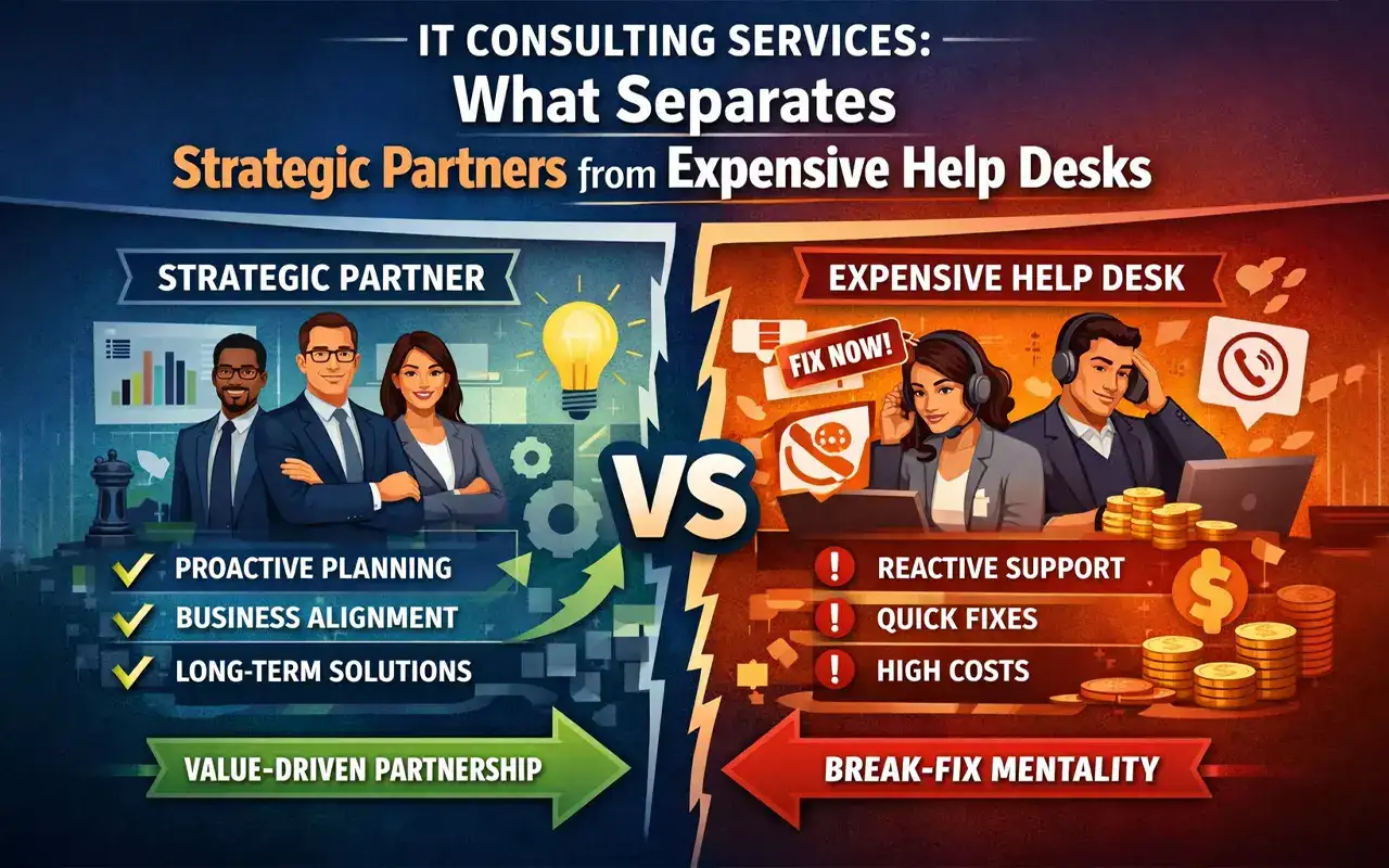 IT consulting comparison showing strategic partner vs help desk with proactive planning vs reactive support and high costs