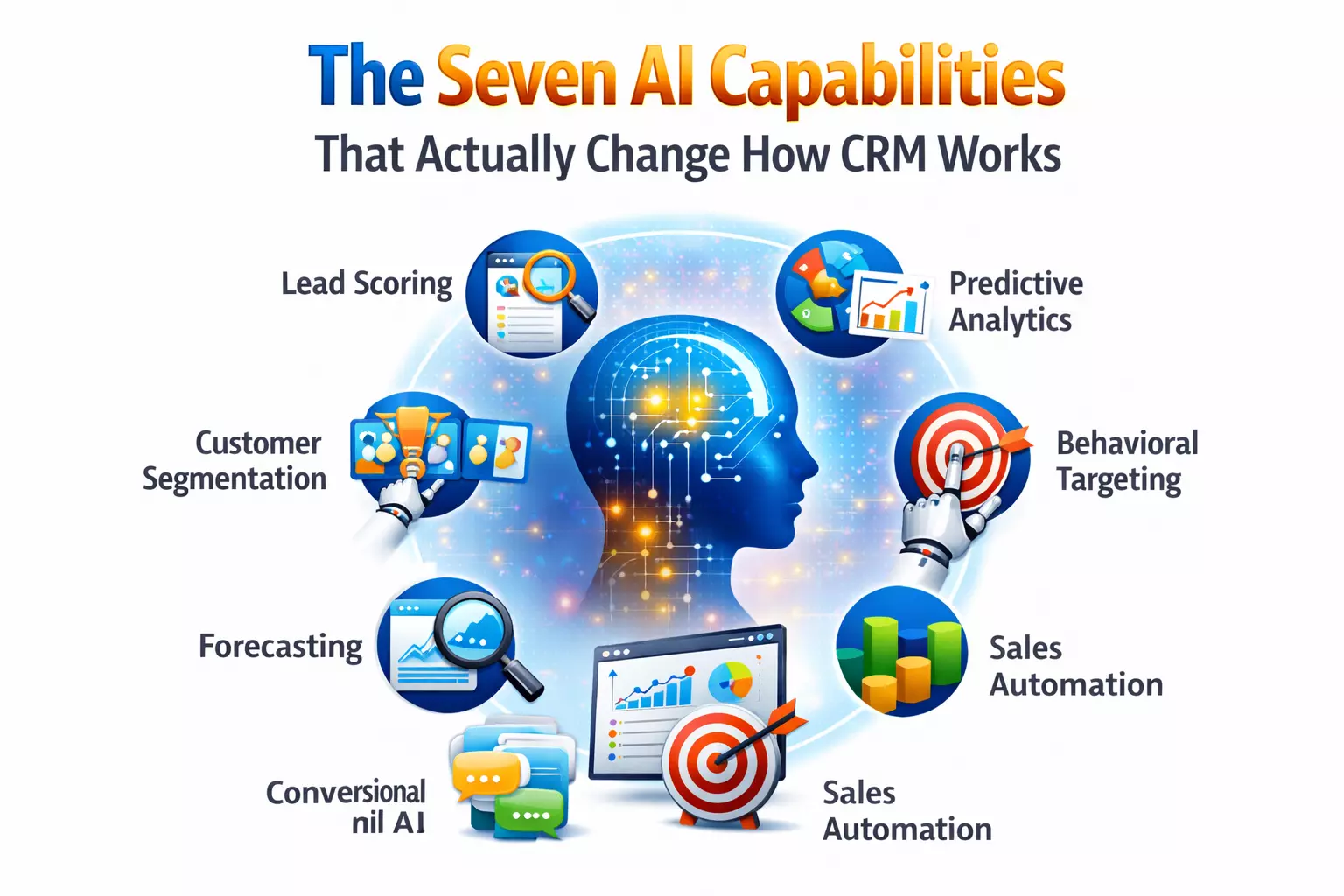 Infographic showing seven AI capabilities transforming CRM with analytics and automation