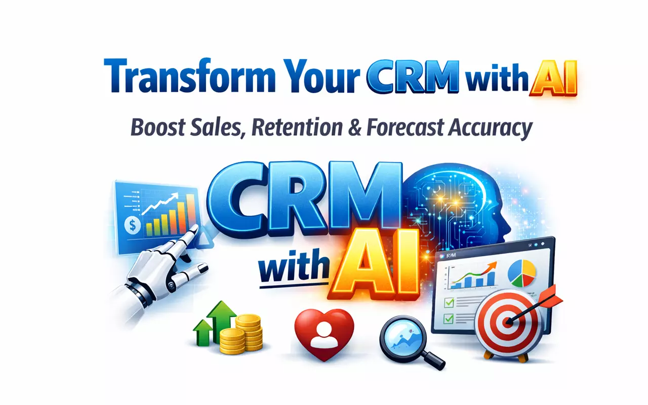 AI-powered CRM graphic showing sales growth, retention, and forecast accuracy